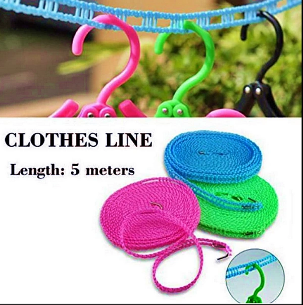 Nylon Clothesline Rope Windproof Anti-Slip Clothes Washing Line Drying Nylon Rope with Hooks 5 Meter Nylon Clothesline Rope (Muli Color)